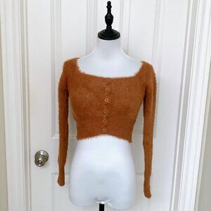 NWT Women Toffee Scoop Neck Fluffy Yarn Bodycon Button Crop Sweater Cardigan